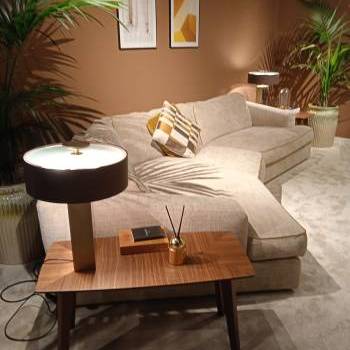 Coffee table, table lamp, and sofa by Tonin Casa